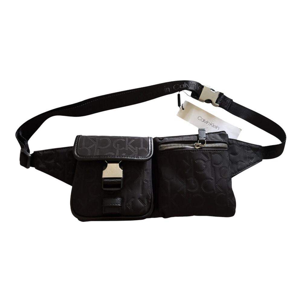 Calvin Klein black logo silver buckles adjustable fanny pack Travel NWT MSRP$98